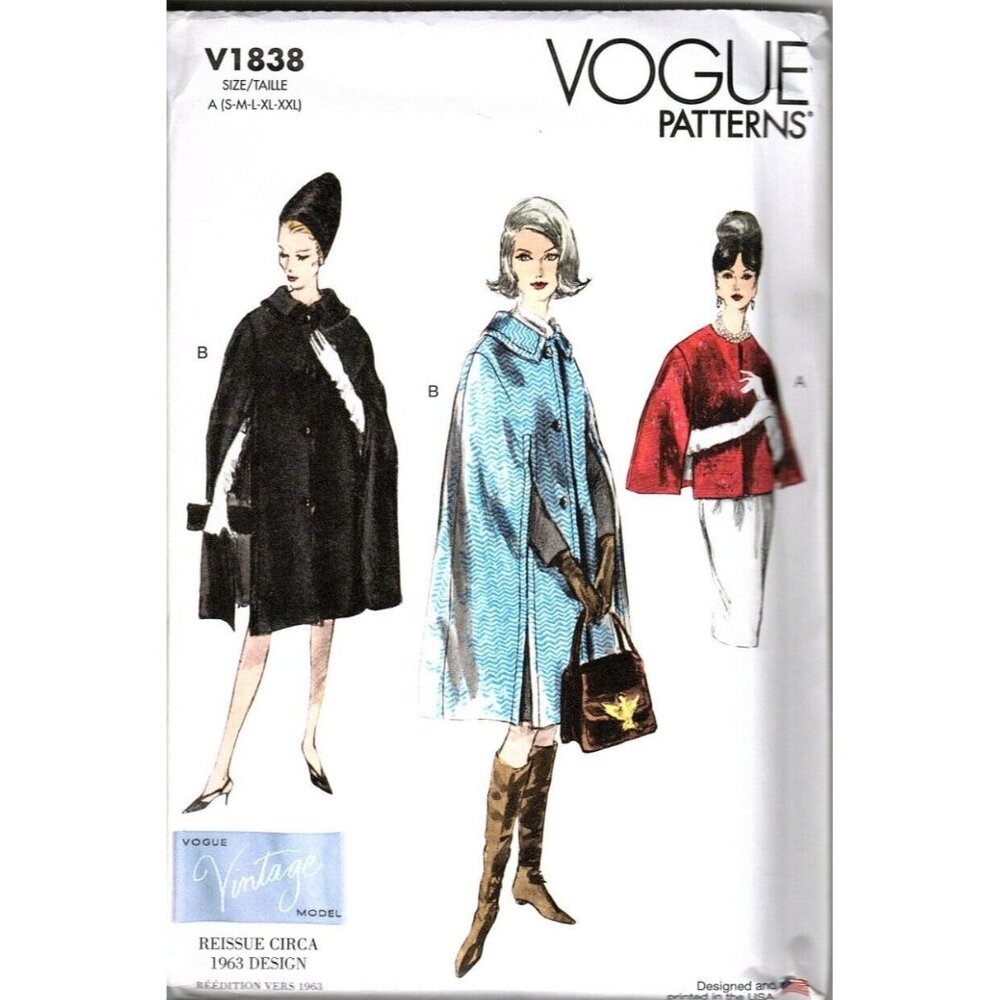 Vogue V1838 Misses S to XXL Lined Capes Reissue Circa 1963 Uncut Sewing Pattern